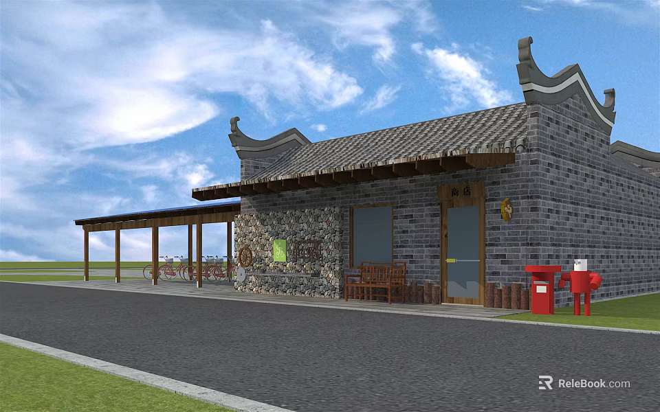 Traditional Chinese Post Station With Stone Walls Covered Porch Gray Tiled Roof And Red Mailboxes 3d model 