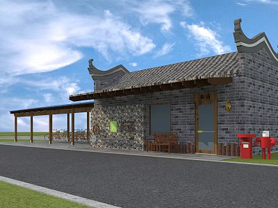 Traditional Chinese Post Station With Stone Walls Covered Porch Gray Tiled Roof And Red Mailboxes 3d model