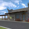 Traditional Chinese Post Station With Stone Walls Covered Porch Gray Tiled Roof And Red Mailboxes