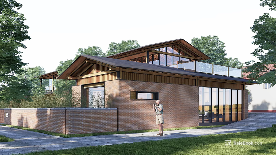 Modern Detached Villa Featuring Brick Exterior Large Glass Windows Dark Roof And Green Surroundings 3d model 