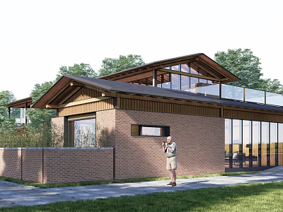 Modern Detached Villa Featuring Brick Exterior Large Glass Windows Dark Roof And Green Surroundings 3d model