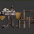 Rustic Wooden Furniture Set With Round Table Chair Books Scrolls And Clay Pot