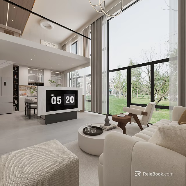 Loft Living Room With Large Windows And Modern Minimalist Decor 3d model 