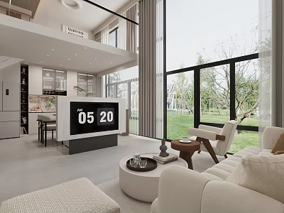 Loft Living Room With Large Windows And Modern Minimalist Decor 3d model