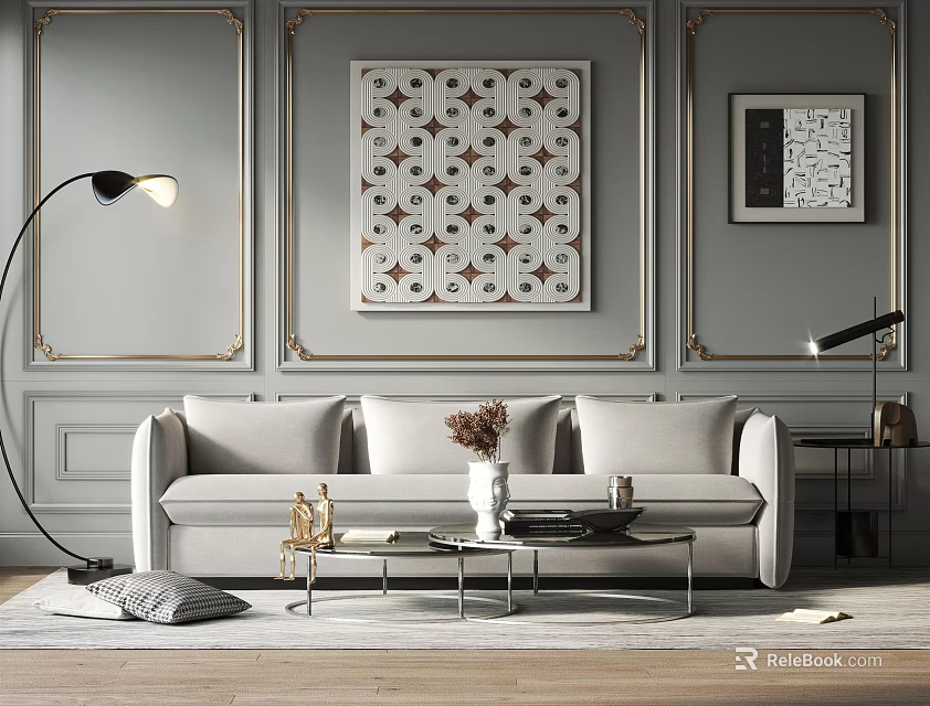 Modern Elegant Living Room With Gray Sectional Sofa Decorative Wall Art And Floor Lamp 3d model 