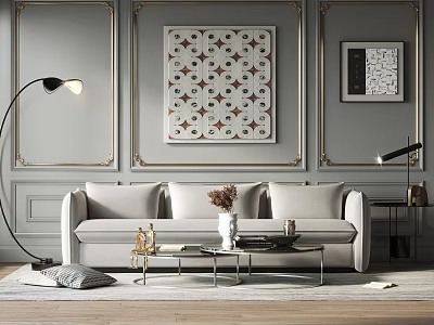 Modern Elegant Living Room With Gray Sectional Sofa Decorative Wall Art And Floor Lamp 3d model