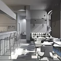 Modern Restaurant Interior With Bar Counter Stools Dining Tables Terrazzo Floor And Brick Wall