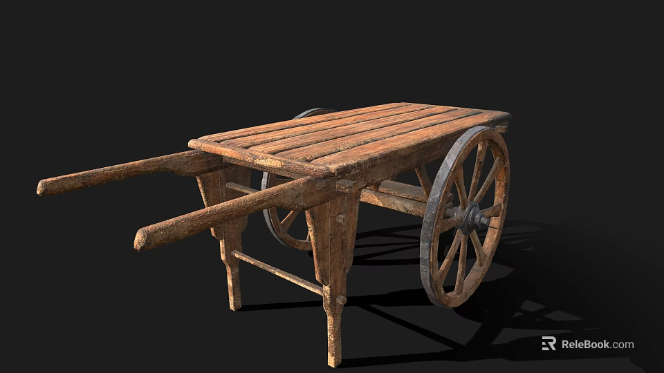 Vintage Wooden Cart With Plank Top And Sturdy Wooden Wheels Structure 3d model 