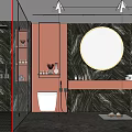Modern Bathroom Interior Design With Red Wall Black Marble Round Mirror And Glass Shower