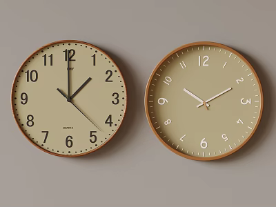 Two Wall Clocks With Beige Dials Brown Frames Showing Different Times On Light Gray Background 3d model
