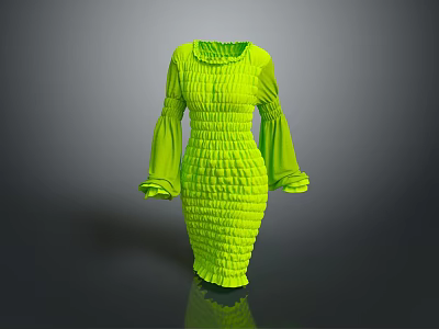 Neon Green Sculptural Dress With Pleated Design Long Sleeves And Flared Cuffs 3d model