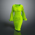 Neon Green Sculptural Dress With Pleated Design Long Sleeves And Flared Cuffs