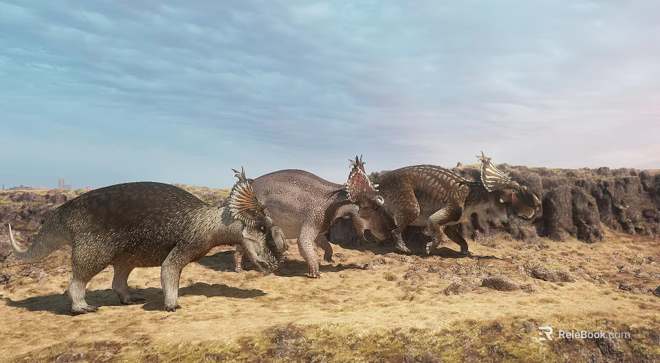 Horned Reptiles Walking on Arid Land with Sky and Rocky Background 3d model 