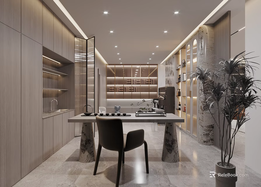 Elegant Modern Restaurant Interior With Wooden Shelves Marble Table Black Chair And Green Plants 3d model 