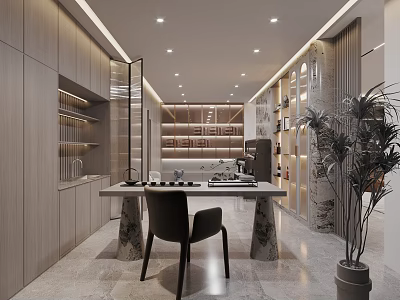 Elegant Modern Restaurant Interior With Wooden Shelves Marble Table Black Chair And Green Plants 3d model