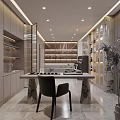 Elegant Modern Restaurant Interior With Wooden Shelves Marble Table Black Chair And Green Plants