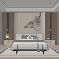 Chinese Style Bedroom Interior With Mountain Painting Nightstands Pendant Lights And Rug