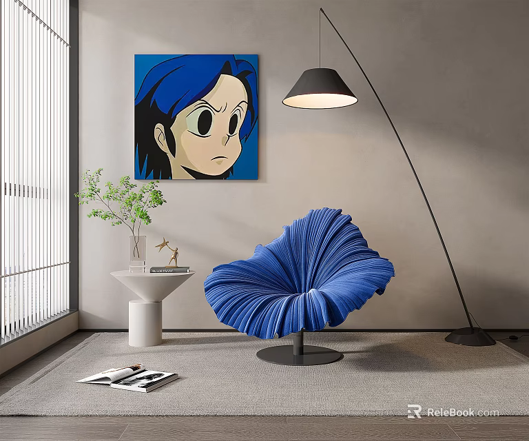 Blue Pleated Accent Chair In Modern Living Space With Floor Lamp Wall Art And Potted Plant 3d model 