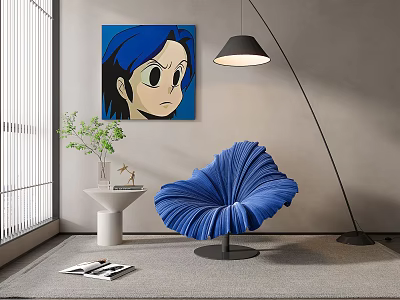Blue Pleated Accent Chair In Modern Living Space With Floor Lamp Wall Art And Potted Plant 3d model