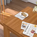Wooden Dining Table Set With Four Chairs Vase And Tableware In Kitchen 3d model