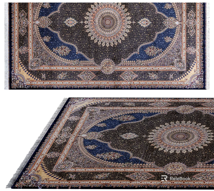 Ornate Square Rug Featuring Central Circular Design Blue Gold Patterns And Decorative Borders 3d model