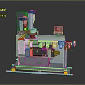 Industrial Processing Equipment With Blue Components Gray Main Body Yellow Support Feet And Conveyor Belt