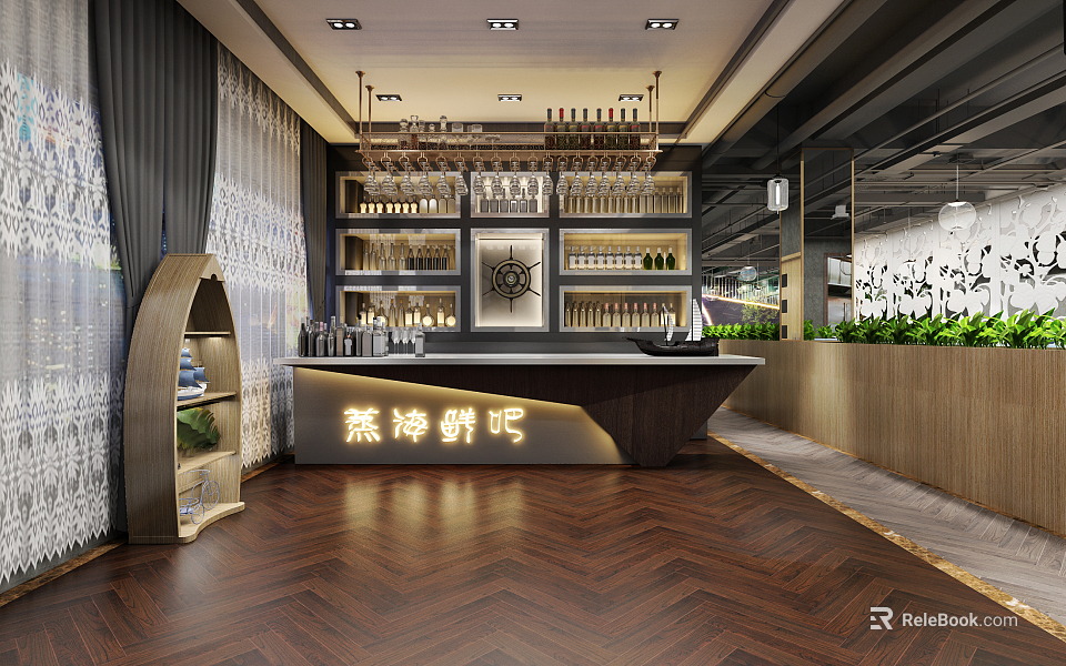 Modern Hotel Lobby Interior With Bar Counter Wine Racks And Green Plants 3d model 