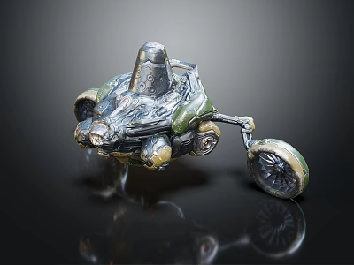 Unique Tricycle Motorcycle Model With Green Yellow Color And Retro Design 3d model