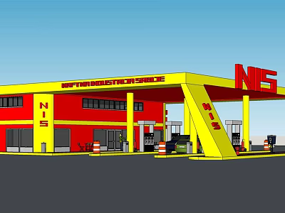 NIS Gas Station Exterior With Red And Yellow Building And Fuel Pumps 3d model