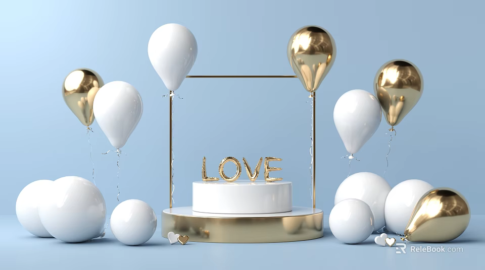Love Themed Landscape Sculpture With Golden Letters White Pedestal And Balloons On Light Blue Background 3d model 