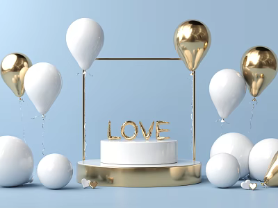 Love Themed Landscape Sculpture With Golden Letters White Pedestal And Balloons On Light Blue Background 3d model