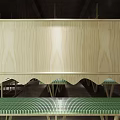 Traditional Interior Design Featuring Wooden Roof Green Grid Table And Fireplace