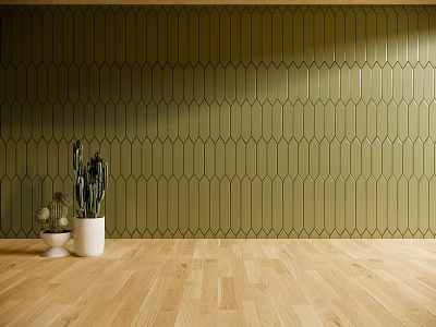 Green Hexagonal Wall Decor With Wooden Floor And White Planters With Cactus Plants 3d model