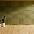 Green Hexagonal Wall Decor With Wooden Floor And White Planters With Cactus Plants