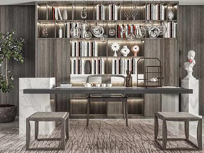 Modern Tea Table and Stools with Marble Top Bookshelves and Decorative Items 3d model