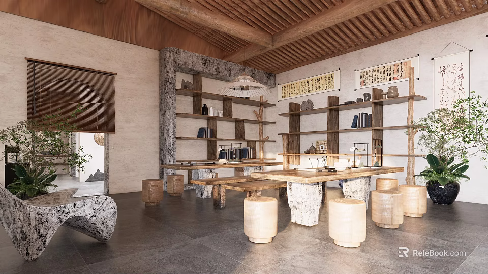 Traditional Tea Room With Wooden Ceiling Stone Walls Long Wooden Table Calligraphy Scrolls Clay Pots 3d model 