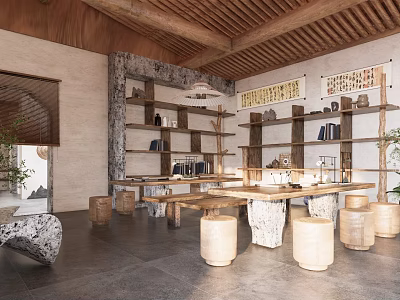 Traditional Tea Room With Wooden Ceiling Stone Walls Long Wooden Table Calligraphy Scrolls Clay Pots 3d model