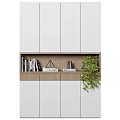Modern Bookcase With White Panels Wooden Shelves Books Table Lamp And Green Plant