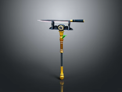 Traditional Japanese Katana Displayed On Golden Black Decorative Stand With Intricate Handle And Green Accent 3d model