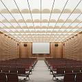 Modern Conference Room With Wooden Walls Rows Of Chairs Large Screen And Circular Ceiling Design