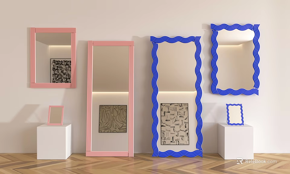 Pink And Blue Wavy Frame Mirrors For Interior Display With White Pedestals 3d model 