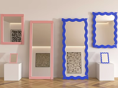 Pink And Blue Wavy Frame Mirrors For Interior Display With White Pedestals 3d model