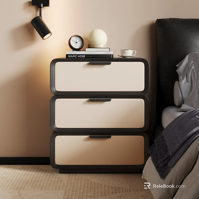 Modern Bedroom Nightstand Three Drawers Black Frame Beige Fronts With Alarm Clock Books White Decor 3d model 