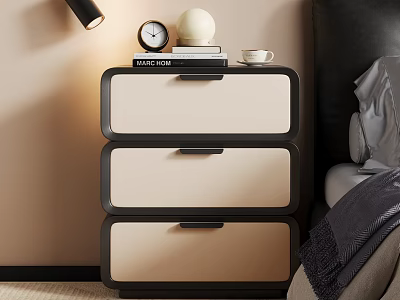 Modern Bedroom Nightstand Three Drawers Black Frame Beige Fronts With Alarm Clock Books White Decor 3d model