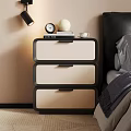 Modern Bedroom Nightstand Three Drawers Black Frame Beige Fronts With Alarm Clock Books White Decor