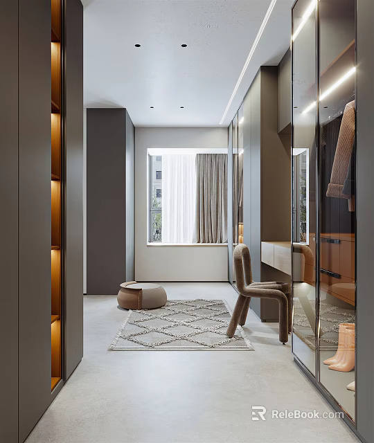 Modern Walk in Closet Interior With Built in Cabinets Mirror Lighting Chair And Rug 3d model 