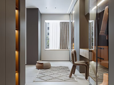 Modern Walk in Closet Interior With Built in Cabinets Mirror Lighting Chair And Rug 3d model