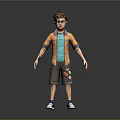 3D Boy Character Model Wearing Striped Orange Shirt Blue T-shirt Brown Shorts with Colorful Patches
