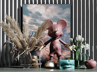 Modern Decorative Ornament Set With Pink Mickey Figurine Dried Reeds White Tulips And Art Print 3d model