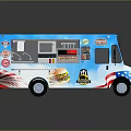 Blue Mobile Food Truck With Hamburger Graphics And American Flag Themed Exterior Design